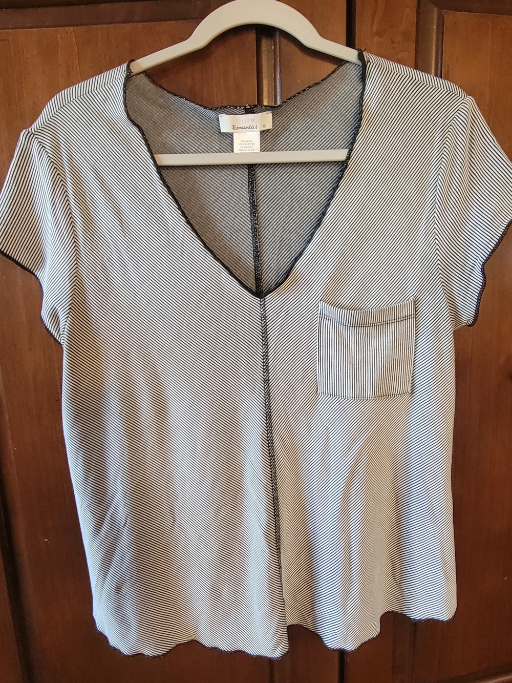 URBAN Romantics White and Black Pinstripe V-Neck Pocket Blouse